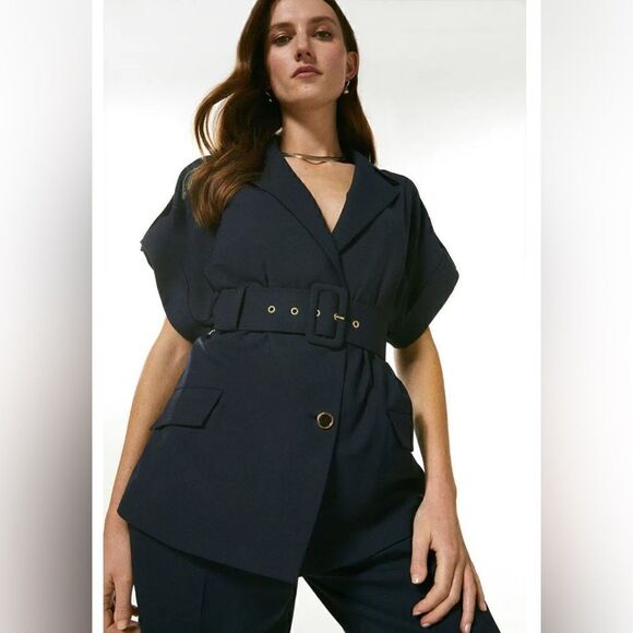 Karen Millen Jackets & Blazers - Karen Millen blazer Polished Stretch Belted blazer in navy Size US 4. NWT